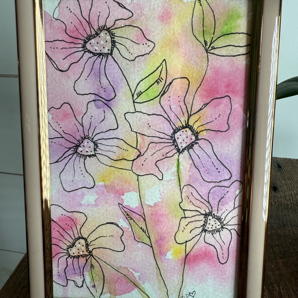 Watercolor original 4x6 floral in pink frame - Picture 3 of 5